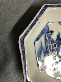 A Chinese blue and white sweetmeat or rice table set with landscape design, 18/19th C.