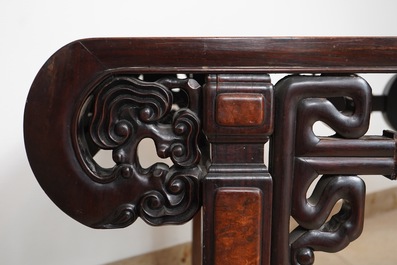 A large Chinese famille rose plaque inset in a wooden table, Republic, 20th C.