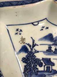 A Chinese blue and white sweetmeat or rice table set with landscape design, 18/19th C.