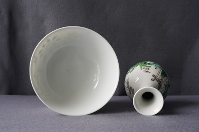 A Chinese famille verte vase and an 'anhua' dragon bowl, Kangxi mark, 19th C.