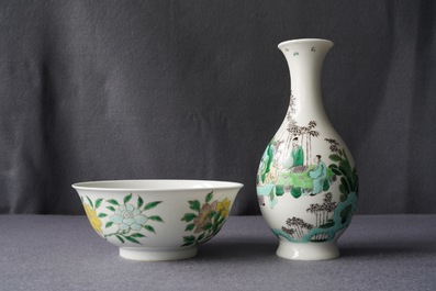 A Chinese famille verte vase and an 'anhua' dragon bowl, Kangxi mark, 19th C.