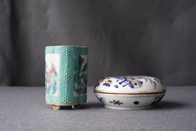 A Chinese doucai seal paste box and a famille rose brush pot, Qianlong marks, 19th C.