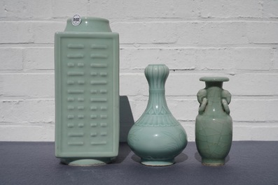 Three Chinese monochrome celadon vases, Yongzheng and Qianlong marks, 19/20th C.