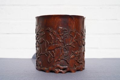 A Chinese carved wood 'magnolia' brush pot, prob. Qing