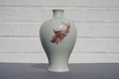 A Chinese underglaze red meiping 'carps' vase, Kangxi mark, 18/19th C.