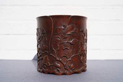 A Chinese carved wood 'magnolia' brush pot, prob. Qing