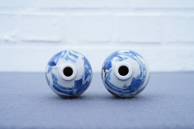 A pair of Chinese blue, white and underglaze red '16 monkeys' snuff bottles, Yongzheng mark, 19th C.