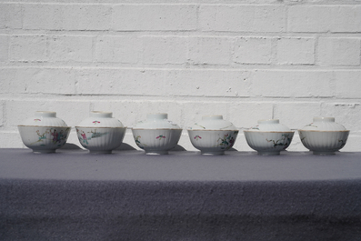 Six Chinese famille rose covered bowls on stands, 19th C.