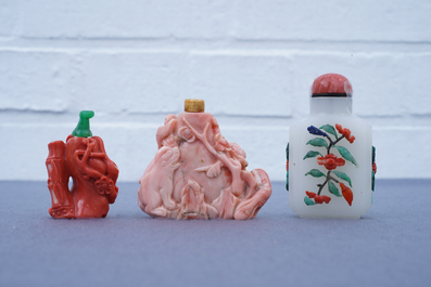 Two Chinese coral snuff bottles and one coral-embellished glass bottle, 19/20th C.