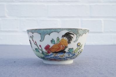 A fine Chinese famille rose eggshell 'rooster' cup and saucer, Yongzheng