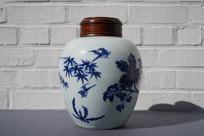 A Chinese blue and white jar with birds among blossoms, Transitional period