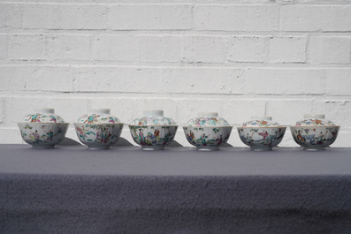 Six Chinese famille rose covered bowls on stands, 19th C.