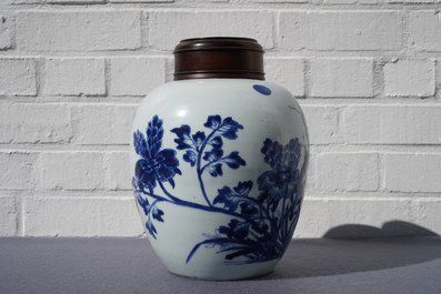 A Chinese blue and white jar with birds among blossoms, Transitional period