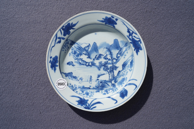 A Chinese blue and white 'Master of the rocks' plate, Kangxi