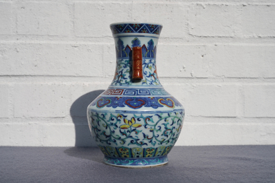 A Chinese doucai 'hu' vase, Qianlong mark, 19/20th C.