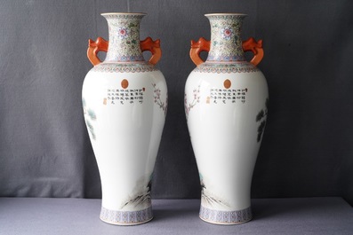 A pair of Chinese famille rose 'peacock' vases, Qianlong mark, Republic, 20th C.