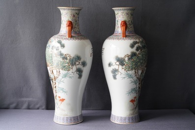 A pair of Chinese famille rose 'peacock' vases, Qianlong mark, Republic, 20th C.