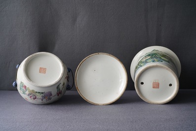 Four pieces of Chinese famille rose and grisaille porcelain, 19/20th C.