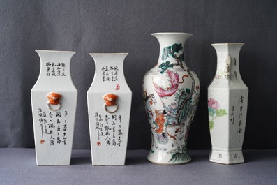 Quatre vases en porcelaine de Chine qianjiang cai et famille rose, 19&egrave;me