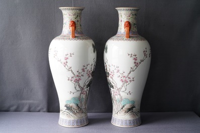 A pair of Chinese famille rose 'peacock' vases, Qianlong mark, Republic, 20th C.