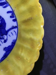 A pair of lobed Chinese blue and white yellow edge plates, 'hare' mark, Wanli