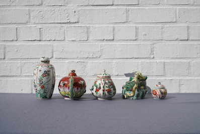 Four Chinese famille rose, verte and Imari-style teapots and a tea caddy, Kangxi and later