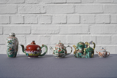 Four Chinese famille rose, verte and Imari-style teapots and a tea caddy, Kangxi and later