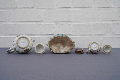 Four Chinese famille rose, verte and Imari-style teapots and a tea caddy, Kangxi and later