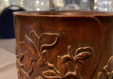 A Chinese carved wood 'magnolia' brush pot, prob. Qing