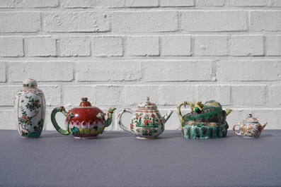 Four Chinese famille rose, verte and Imari-style teapots and a tea caddy, Kangxi and later