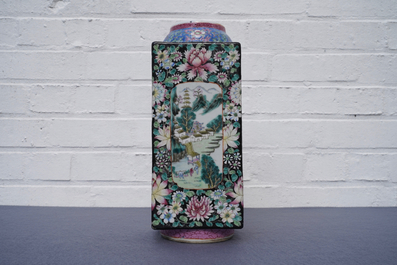 A Chinese famille rose millefleurs 'cong' vase, Qianlong mark, Republic, 20th C.