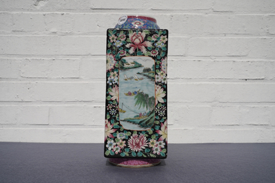 A Chinese famille rose millefleurs 'cong' vase, Qianlong mark, Republic, 20th C.