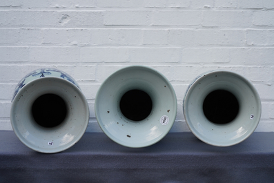 Three Chinese blue and white celadon-ground vases, 19th C.