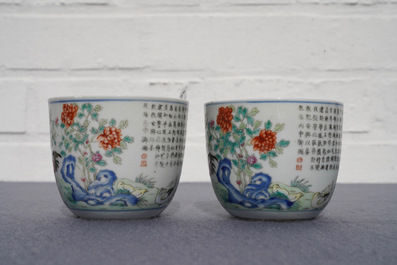 A pair of Chinese famille rose 'chicken' cups, Qianlong mark, late Qing or Republic