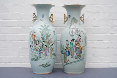 Two Chinese famille rose vases with figures in a garden, 19/20th C.