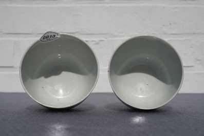 A pair of Chinese famille rose 'chicken' cups, Qianlong mark, late Qing or Republic