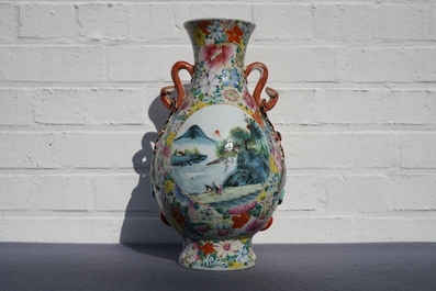 A Chinese famille rose 'millefleurs' landscape vase, Qianlong mark, Republic, 20th C.