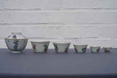 Five Chinese famille rose nesting cups and a Wu Shuang Pu cup and saucer, 19th C.