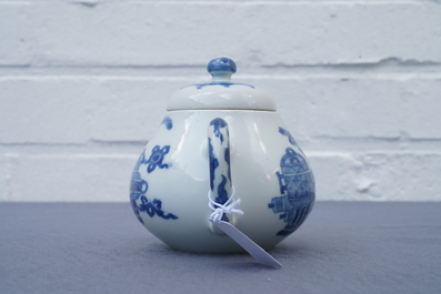 A Chinese blue and white teapot and cover with antiquities, Jiajing mark, Kangxi