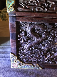 A Chinese cloisonn&eacute;-mounted carved zitan wood and gilt bronze-handled box, Qing