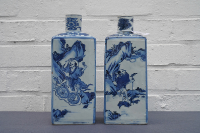 A pair of square Chinese blue and white 'immortals' tea caddies, Wanli