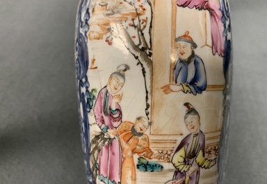 Onze tasses, huit soucoupes, une th&eacute;i&egrave;re et un vase en porcelaine de Chine famille rose &agrave; d&eacute;cor mandarin, Qianlong