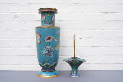 A Chinese cloisonn&eacute; rouleau vase and four jardini&egrave;res, 19/20th C.