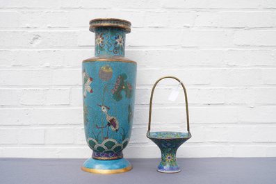 A Chinese cloisonn&eacute; rouleau vase and four jardini&egrave;res, 19/20th C.