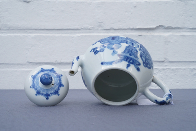 A Chinese blue and white teapot and cover with antiquities, Jiajing mark, Kangxi