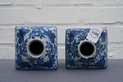 A pair of square Chinese blue and white 'immortals' tea caddies, Wanli