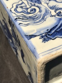 A pair of square Chinese blue and white 'immortals' tea caddies, Wanli