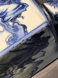 A pair of square Chinese blue and white 'immortals' tea caddies, Wanli