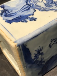 A pair of square Chinese blue and white 'immortals' tea caddies, Wanli