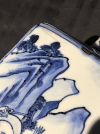 A pair of square Chinese blue and white 'immortals' tea caddies, Wanli